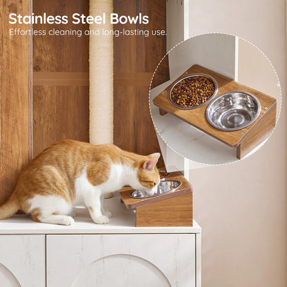 HOOBRO 58.7"H All-In-1 Contemporary Cat Tree with Hidden Litter Box Enclosure, All-In-1 Furniture with Chew-Resistant Sisal Scratching Post, Food Bowl, Dangling Ball, White & Walnut #Summervibes #Petlovers