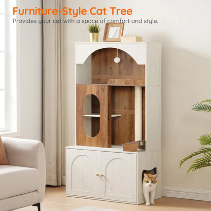 HOOBRO 58.7"H All-In-1 Contemporary Cat Tree with Hidden Litter Box Enclosure, All-In-1 Furniture with Chew-Resistant Sisal Scratching Post, Food Bowl, Dangling Ball, White & Walnut #Summervibes #Petlovers