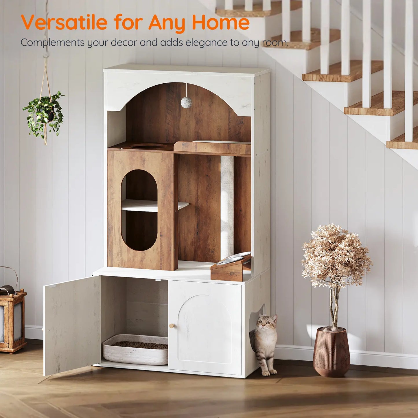 HOOBRO 58.7"H All-In-1 Contemporary Cat Tree with Hidden Litter Box Enclosure, All-In-1 Furniture with Chew-Resistant Sisal Scratching Post, Food Bowl, Dangling Ball, White & Walnut #Summervibes #Petlovers