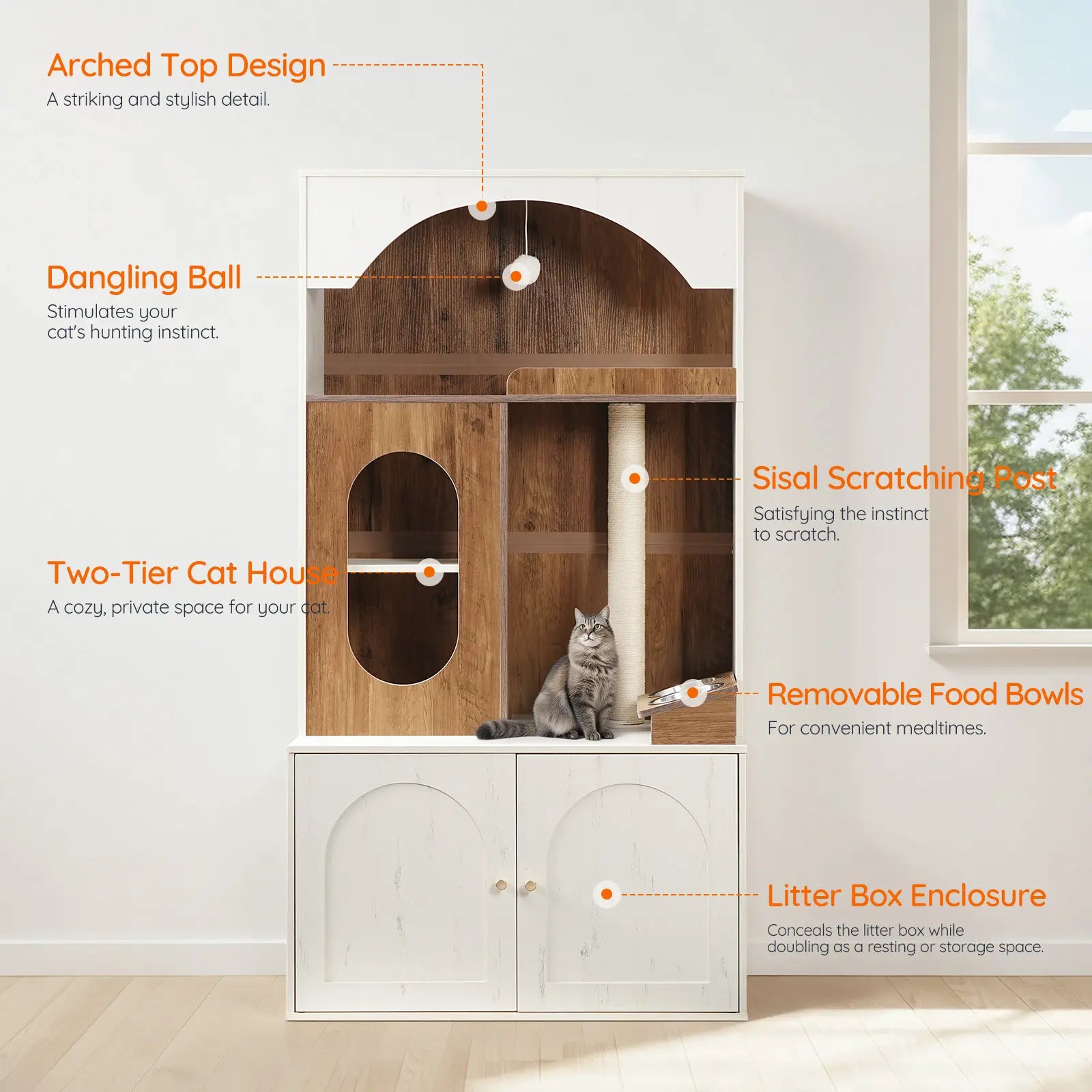 HOOBRO 58.7"H All-In-1 Contemporary Cat Tree with Hidden Litter Box Enclosure, All-In-1 Furniture with Chew-Resistant Sisal Scratching Post, Food Bowl, Dangling Ball, White & Walnut #Summervibes #Petlovers