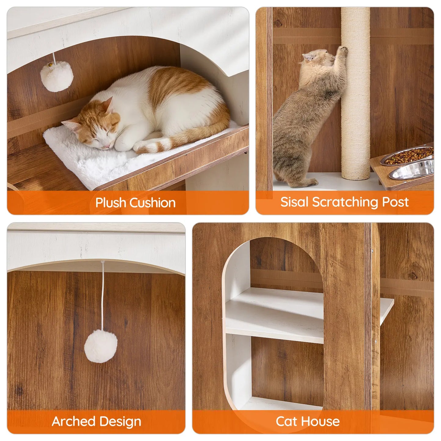 HOOBRO 58.7"H All-In-1 Contemporary Cat Tree with Hidden Litter Box Enclosure, All-In-1 Furniture with Chew-Resistant Sisal Scratching Post, Food Bowl, Dangling Ball, White & Walnut #Summervibes #Petlovers