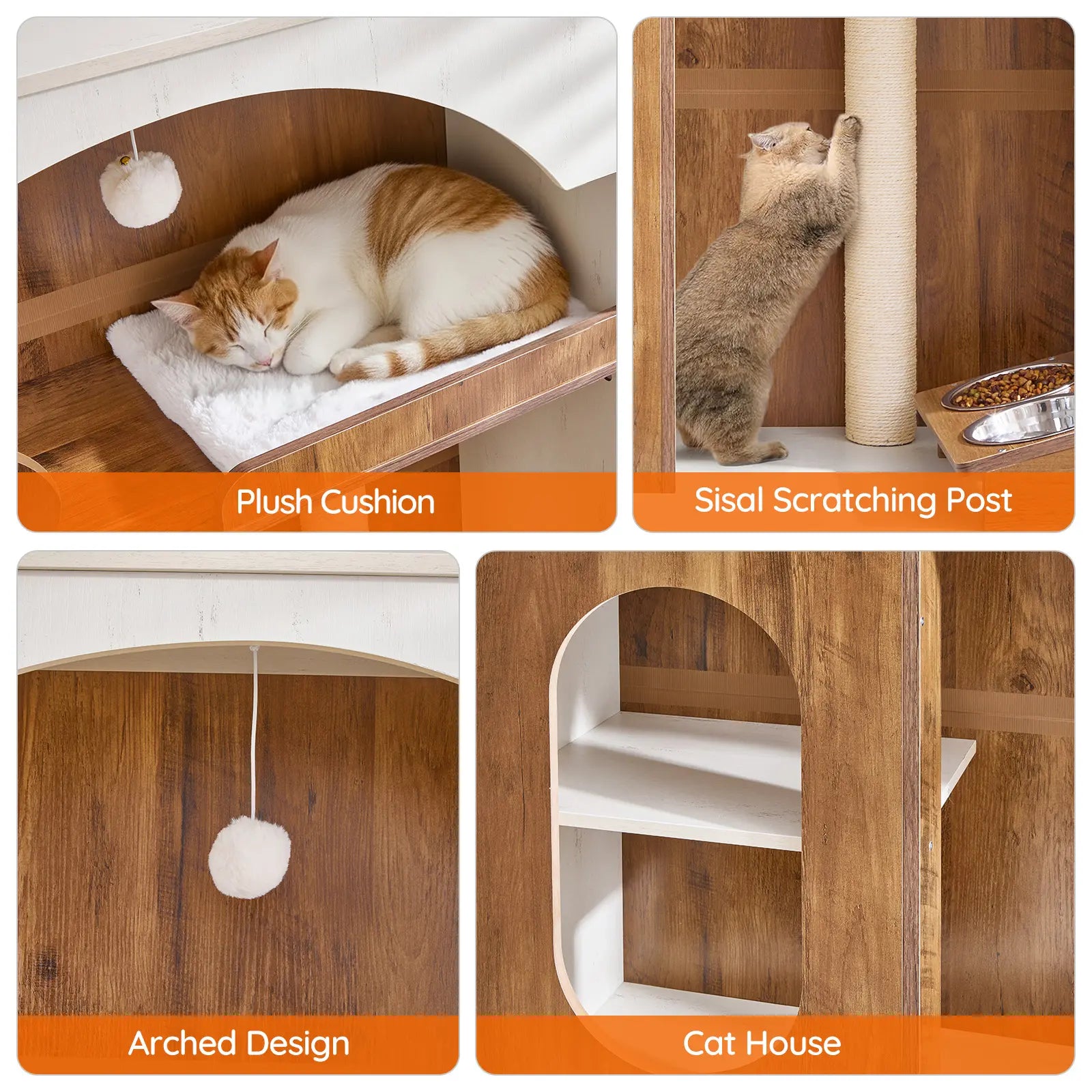 HOOBRO 58.7"H All-In-1 Contemporary Cat Tree with Hidden Litter Box Enclosure, All-In-1 Furniture with Chew-Resistant Sisal Scratching Post, Food Bowl, Dangling Ball, White & Walnut #Summervibes #Petlovers