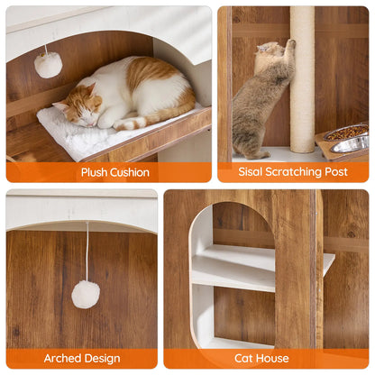HOOBRO 58.7"H All-In-1 Contemporary Cat Tree with Hidden Litter Box Enclosure, All-In-1 Furniture with Chew-Resistant Sisal Scratching Post, Food Bowl, Dangling Ball, White & Walnut #Summervibes #Petlovers