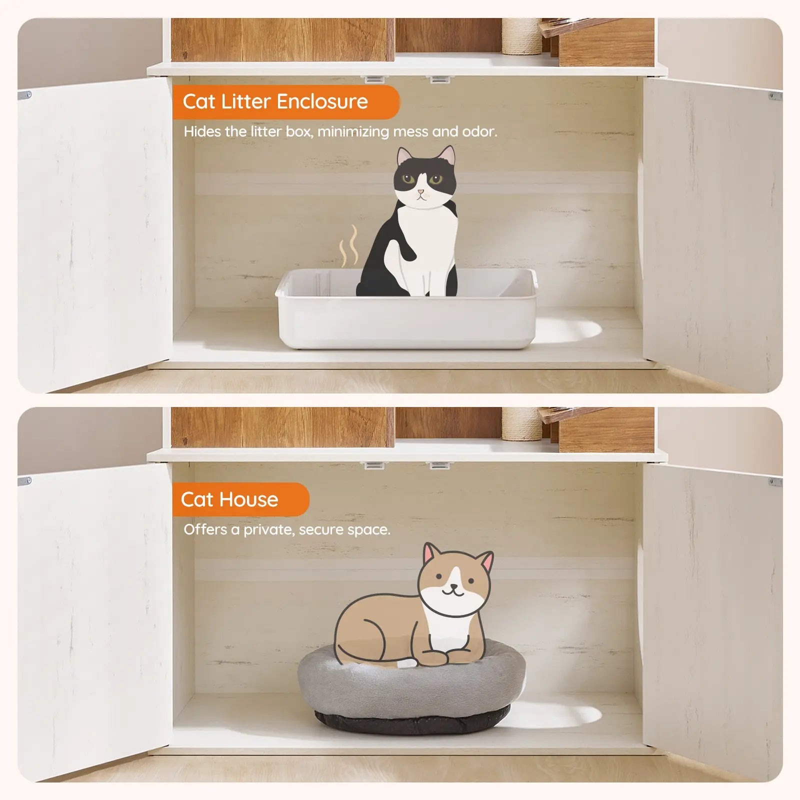 HOOBRO 58.7"H All-In-1 Contemporary Cat Tree with Hidden Litter Box Enclosure, All-In-1 Furniture with Chew-Resistant Sisal Scratching Post, Food Bowl, Dangling Ball, White & Walnut #Summervibes #Petlovers