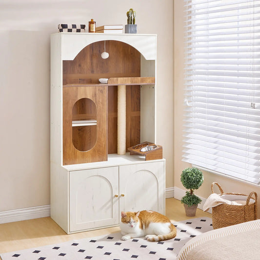 HOOBRO 58.7"H All-In-1 Contemporary Cat Tree with Hidden Litter Box Enclosure, All-In-1 Furniture with Chew-Resistant Sisal Scratching Post, Food Bowl, Dangling Ball, White & Walnut #Summervibes #Petlovers